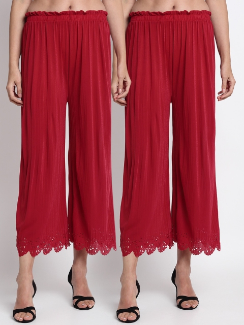 NEUDIS Women Pack of 2 Maroon Hem Design Wide Leg Palazzos