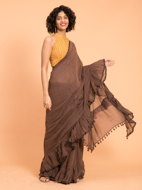 Suta Brown Pure Cotton Ruffle Saree