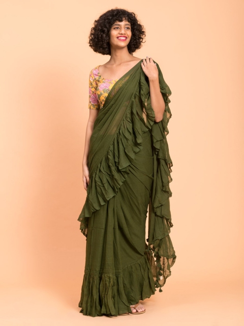 Suta Olive Green Cotton Ruffle Saree