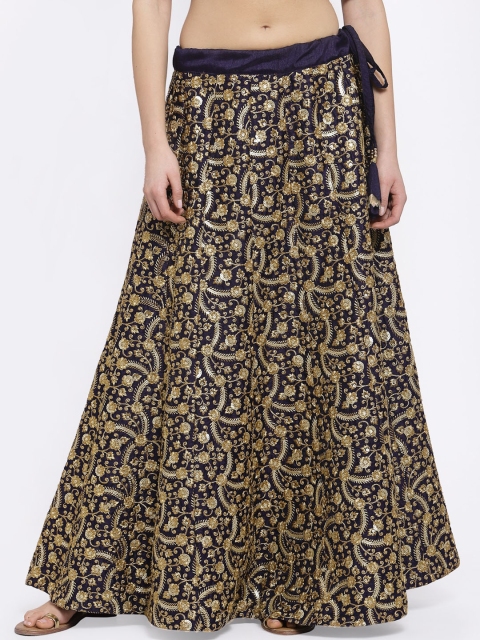 studio rasa Women Navy Blue & Gold-Coloured Dupion Embroidery A-line Maxi Kalidar Skirt