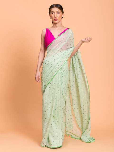 Suta Lime Green Polka Printed Pure Cotton Saree