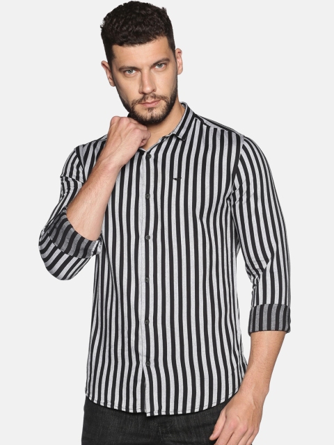 SHOWOFF Men Black & Grey Slim Fit Striped Casual Shirt
