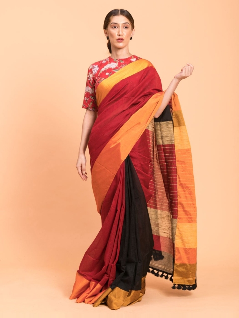 Suta Red & Black Polycotton Colourblocked Saree