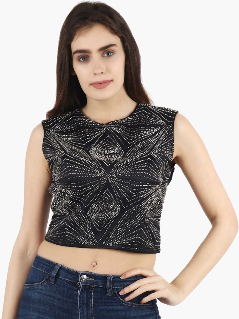 Diwaah Black Satin Embellished Studded Crop Top