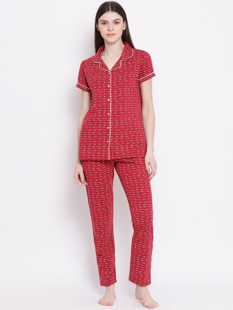 Kanvin Women Red & White Printed Night suit