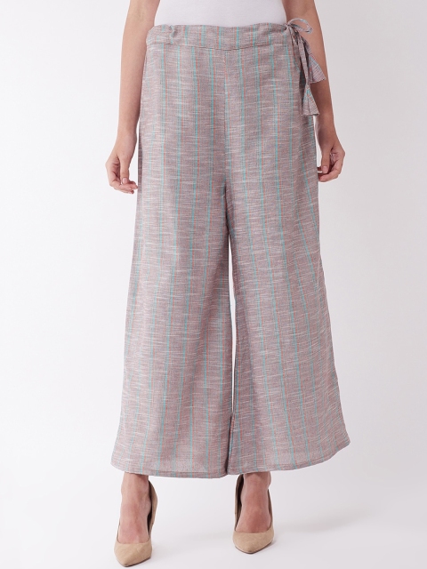 InWeave Women Grey & Sea Green Striped Wide Leg Palazzos