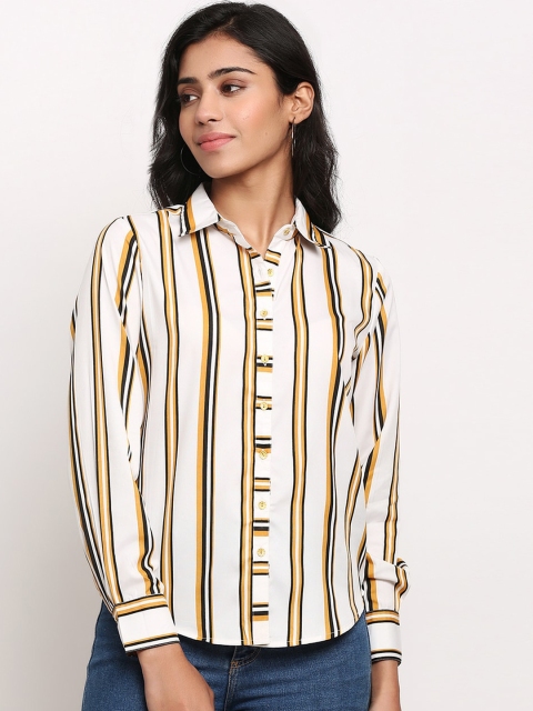Slenor Women White & Yellow Regular Fit Striped Casual Shirt