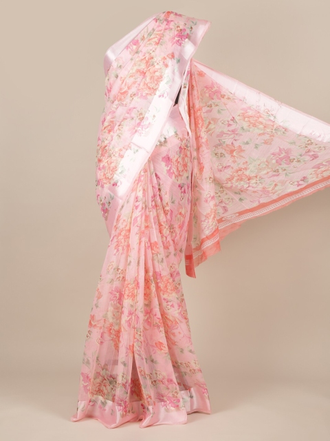 Pothys Pink & Silver-Toned Jute Silk Printed Saree