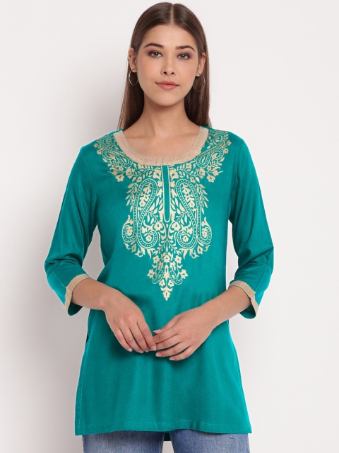 AKIMIA Women Teal Green & Gold-Coloured Foil Printed Straight Kurti