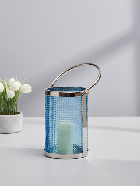 Pure Home and Living Silver-Toned & Blue Textured Glass Cylindrical Lantern