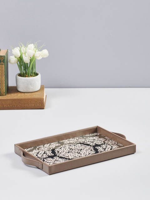 Pure Home and Living Cream-Coloured & Silver-Toned Mirror Printed Rectangular Tray