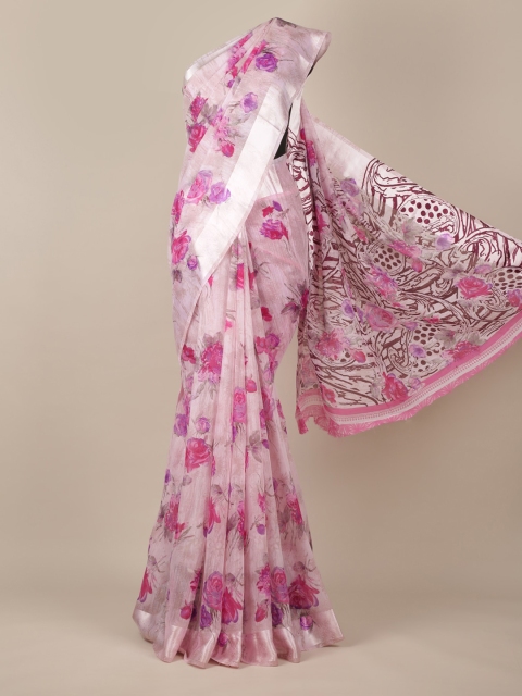 Pothys Pink & Silver-Toned Jute Silk Printed Saree