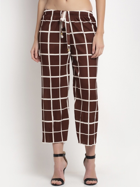NEUDIS Women Brown & Off-White Straight Fit Checked Regular Trousers