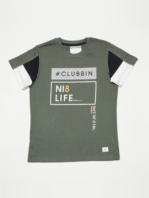 Octave Boys Green Printed Round Neck T-shirt