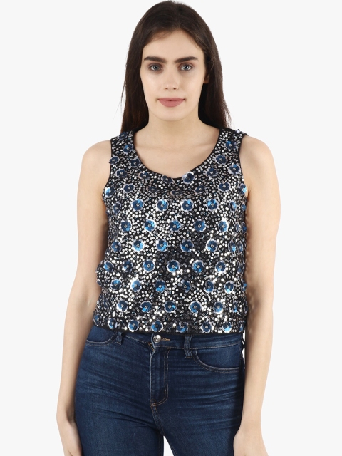 Diwaah Women Black & Silver-Toned Embellished Top