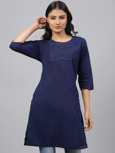 ANAISA Women Navy Blue Yoke Design Thread Work Kurta