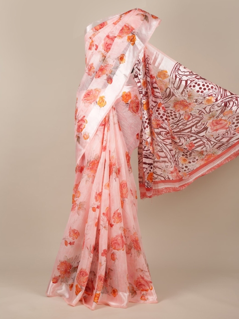 Pothys Pink & Silver-Toned Jute Silk Printed Saree