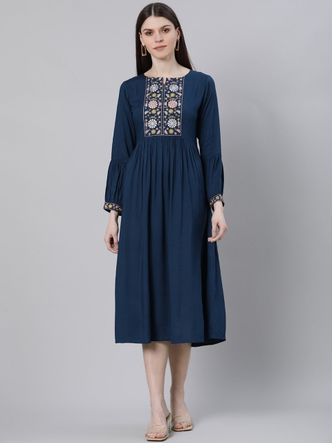 GERUA Women Navy Blue Embroidered Fit and Flare Dress