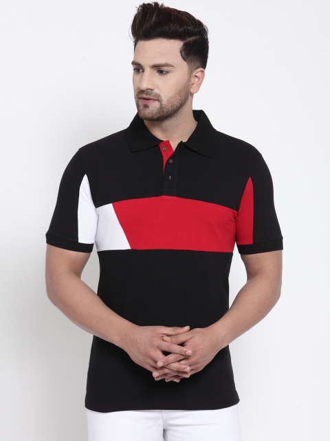 Kalt Men Black & Red Colourblocked Polo Collar T-shirt