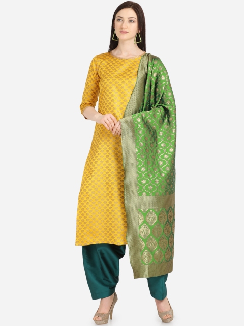 Satrani Mustard Yellow & Teal Blue Poly Silk Jacquard Unstitched Dress Material