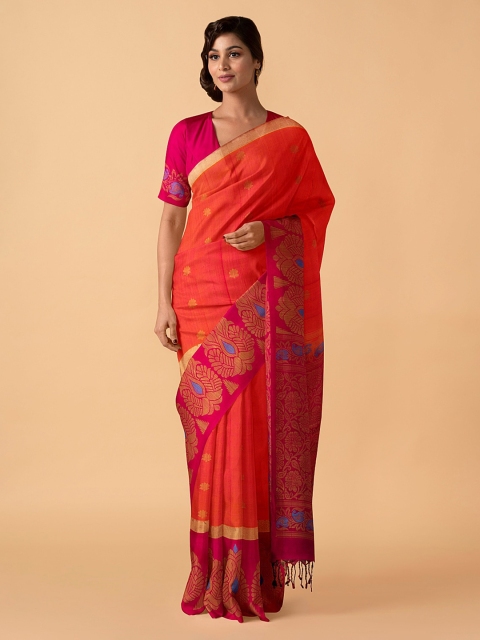 Taneira Orange & Red Pure Silk Woven Design Handloom Saree