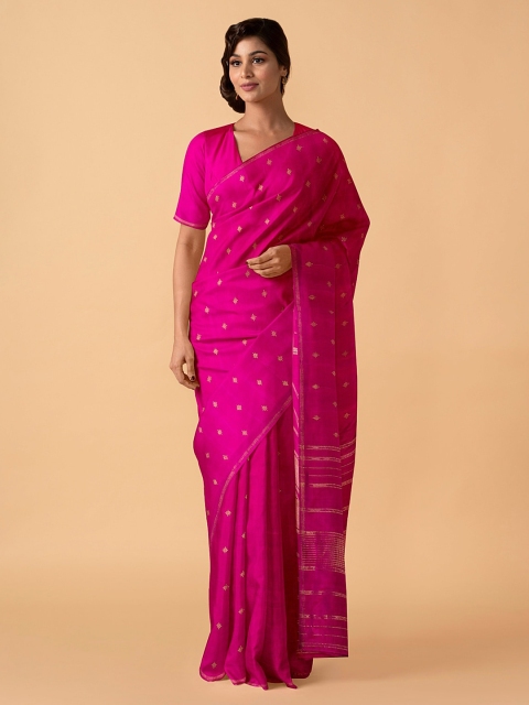 Taneira Pink & Gold-Toned Pure Silk Woven Design Kanjeevaram Saree