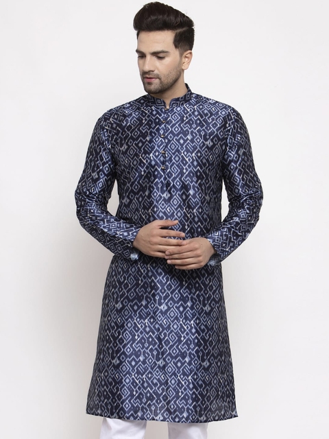 Jompers Men Navy Blue Geometric Printed Kurta