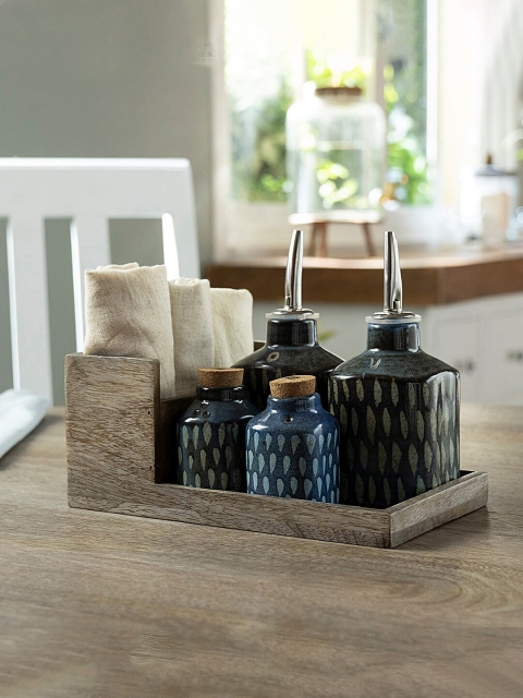 ellementry Navy Blue & Grey Patterned Handpainted Condiment Set