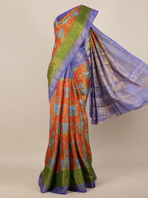 Pothys Rust Brown & Blue Jute Silk Woven Design Saree