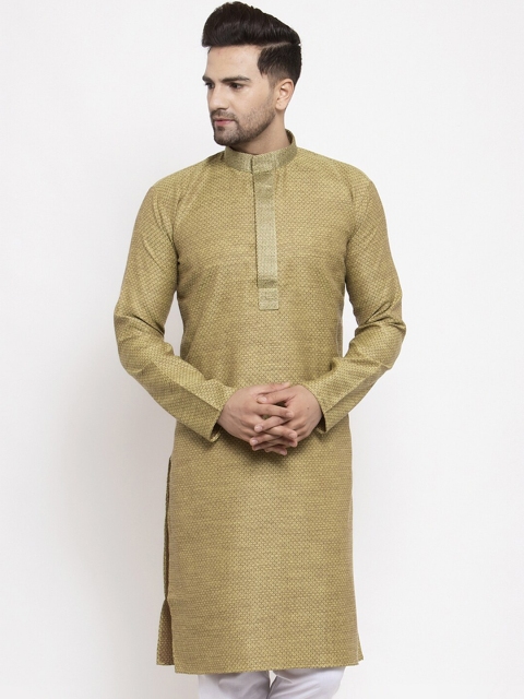 Jompers Men Beige Thread Work Mandarin Collar Kurta