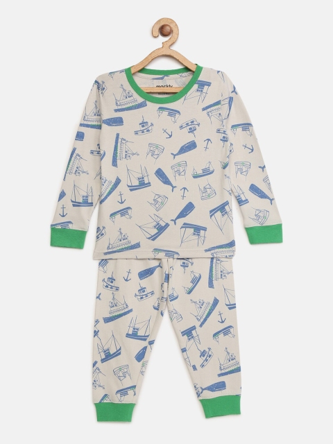 mackly Boys Cream-Coloured & Blue Printed Nightsuit