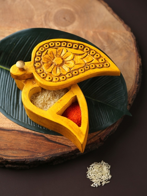 Amoliconcepts Yellow Carved Hand-Crafted Wooden Box