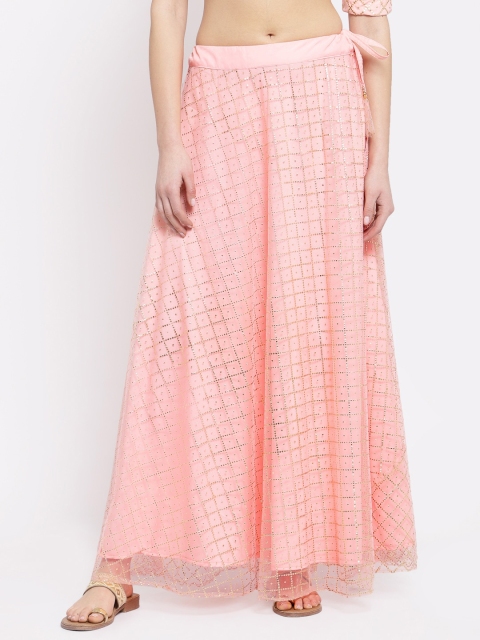 studio rasa Women Pink & Gold-coloured Embellished Flared Maxi Skirt