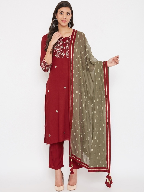 Prakhya Women Red Embroidered Kurta with Churidar & Dupatta