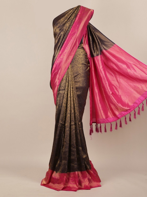 Pothys Navy Blue & Gold-Toned Jute Silk Woven Design Saree