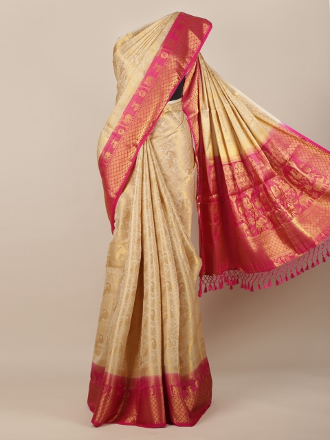 Pothys Cream-Coloured & Pink Jute Silk Woven Design Saree