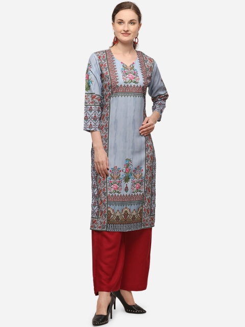 VENISA Women Blue Floral Printed Crepe Kurta