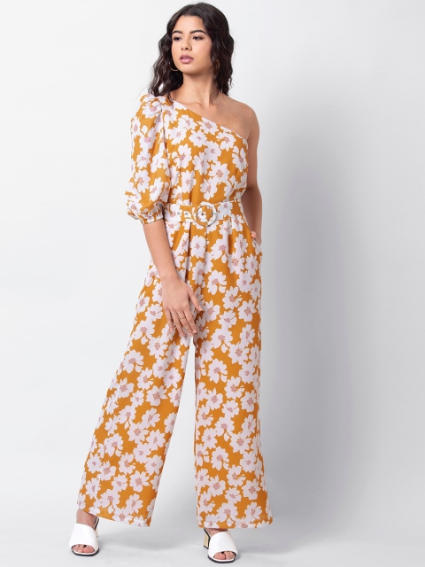 FabAlley Women White & Yellow Floral Printed One Shoulder Belted Jumpsuit