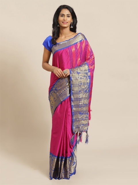 Mitera Pink Silk Blend Solid Banarasi Saree