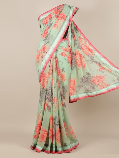 Pothys Sea Green & Peach-Coloured Poly Chiffon Printed Saree
