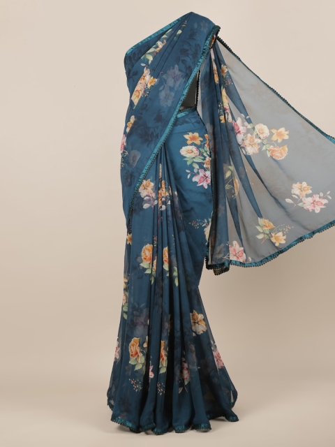 Pothys Blue Printed Poly Chiffon Saree