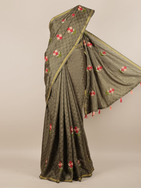 Pothys Olive Green & Red Jute Silk Embroidered Saree