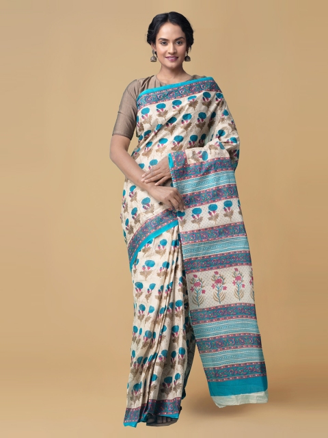 Unnati Silks Cream-Coloured & Blue Pure Cotton Printed Kovai Saree