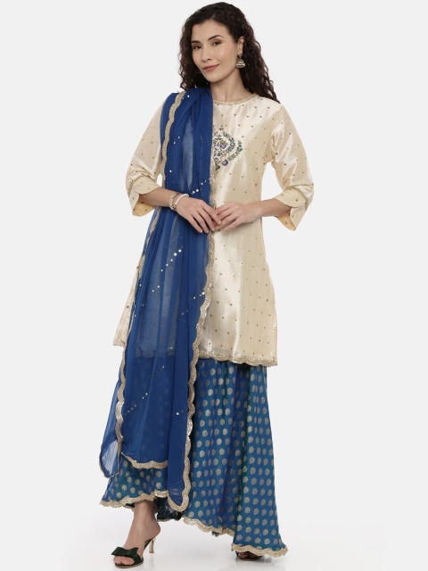 Neerus Women Beige & Blue Self Design Kurti with Palazzos & Dupatta