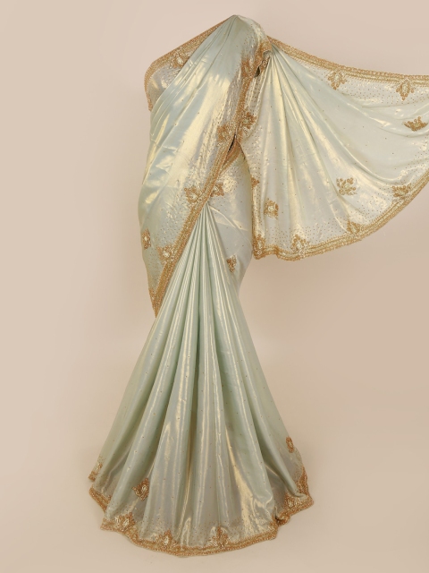 Pothys Green & Gold-Toned Pure Georgette Embellished Saree