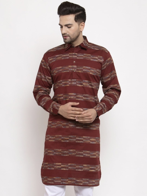 Jompers Men Maroon & Brown Striped Mandarin Collar Pathani Kurta