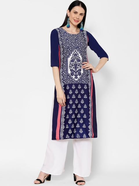 7Threads Women Navy Blue Ethnic Motifs Printed Crepe Kurta