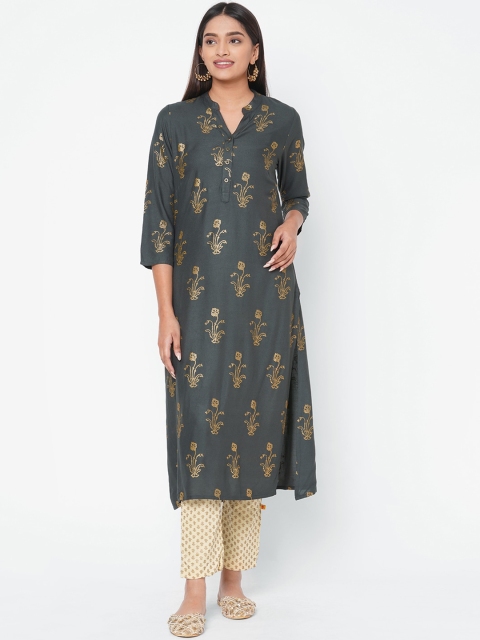 Vedic Women Grey Floral Woven Deisgn Kurta