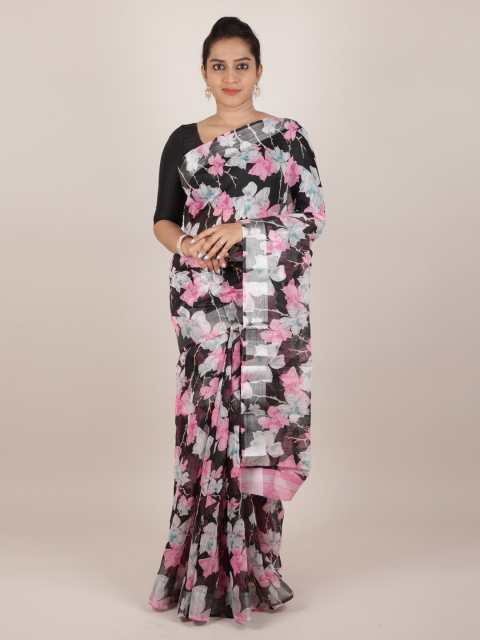 Pothys Black & Pink Jute Silk Printed Saree