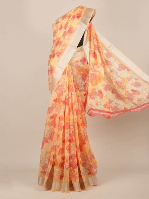 Pothys Orange Printed Jute Silk Saree